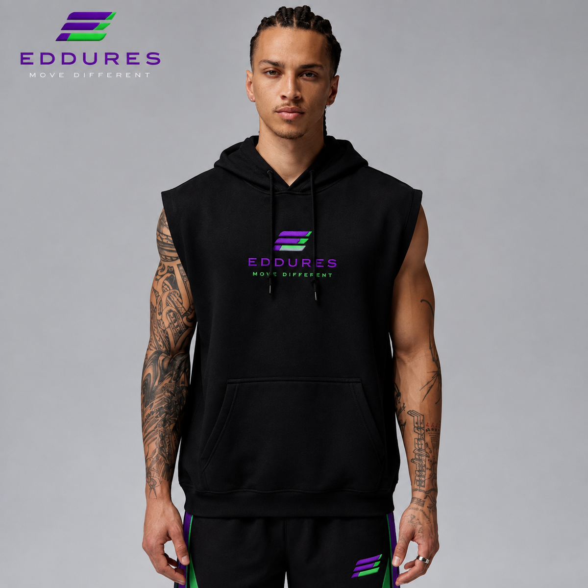 Eddures black sleeveless hoodie with purple and green logo