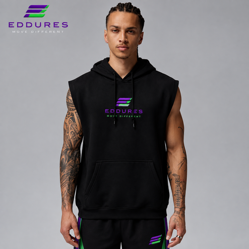 Eddures black sleeveless hoodie with purple and green logo