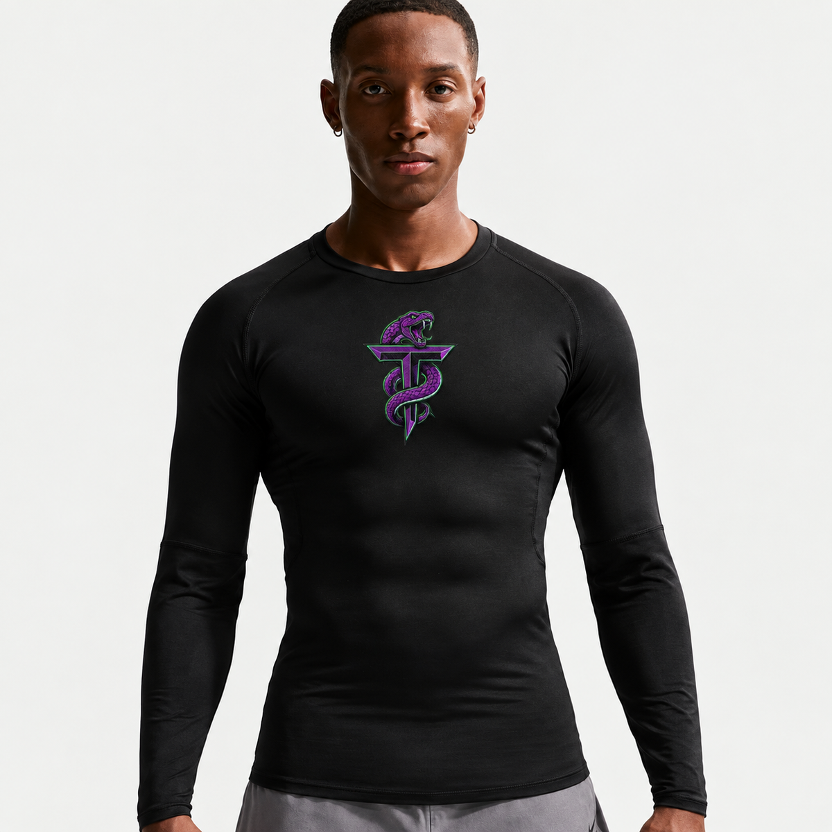 Eddures black long sleeve compression shirt with purple and green snake T logo