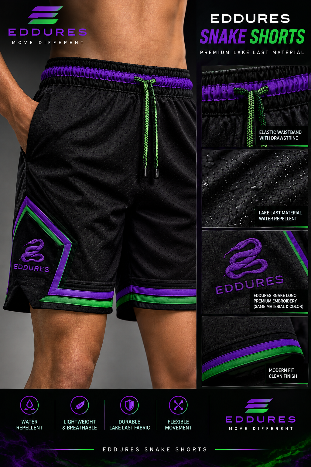 Eddures Snake Shorts in black with purple and green details, Lake Last material