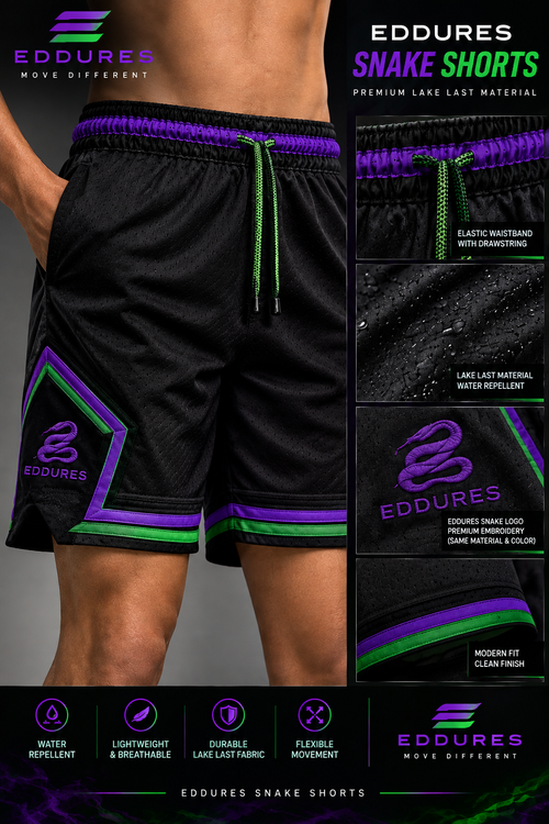 Eddures Snake Shorts in black with purple and green details, Lake Last material