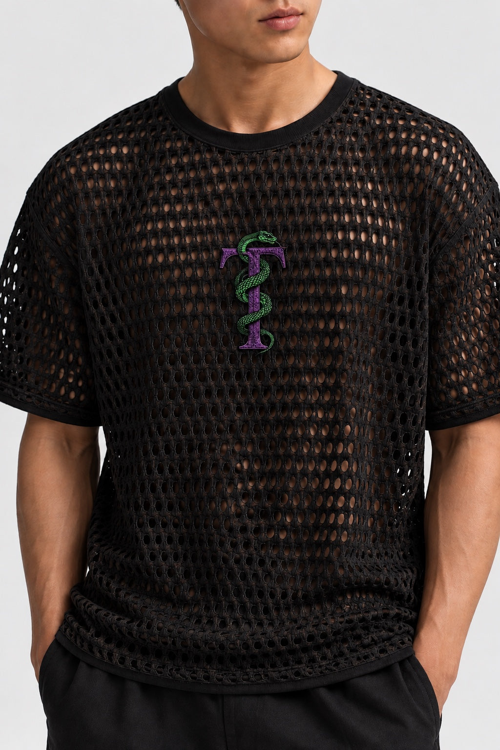 Eddures Snake T black open-mesh sleeveless shirt with subtle purple T and green snake